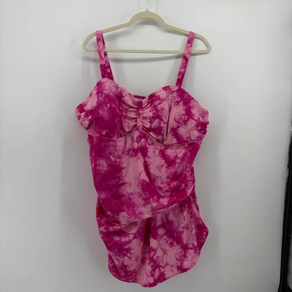 Denim & Co Beach Womens 26W Pink Tie Dye Swim Dress Ruched Sweetheart One Piece